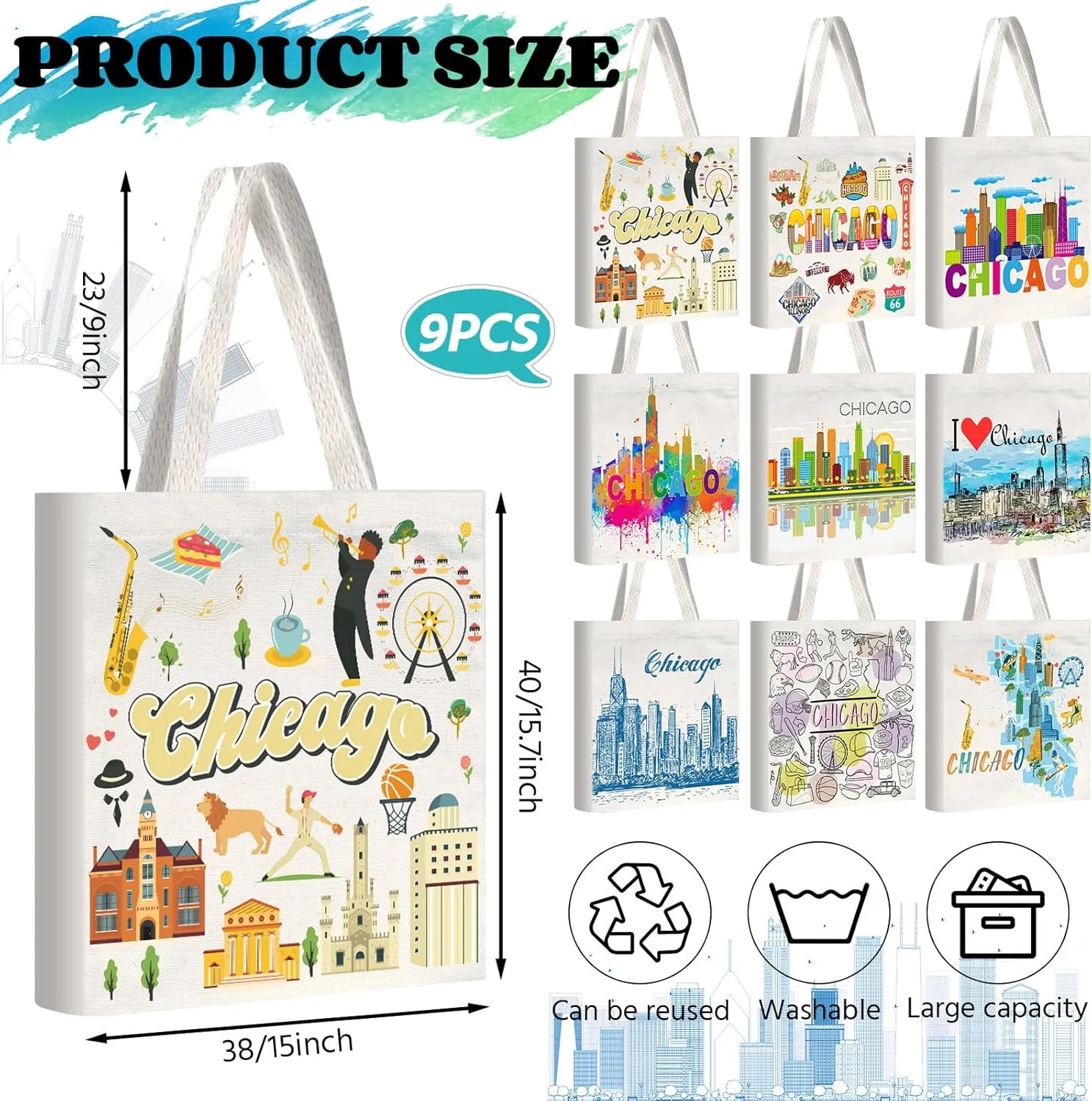9 Pcs Chicago Tote Canvas Bags Souvenir Gift Grocery Shopping Bag for Travel Gifts