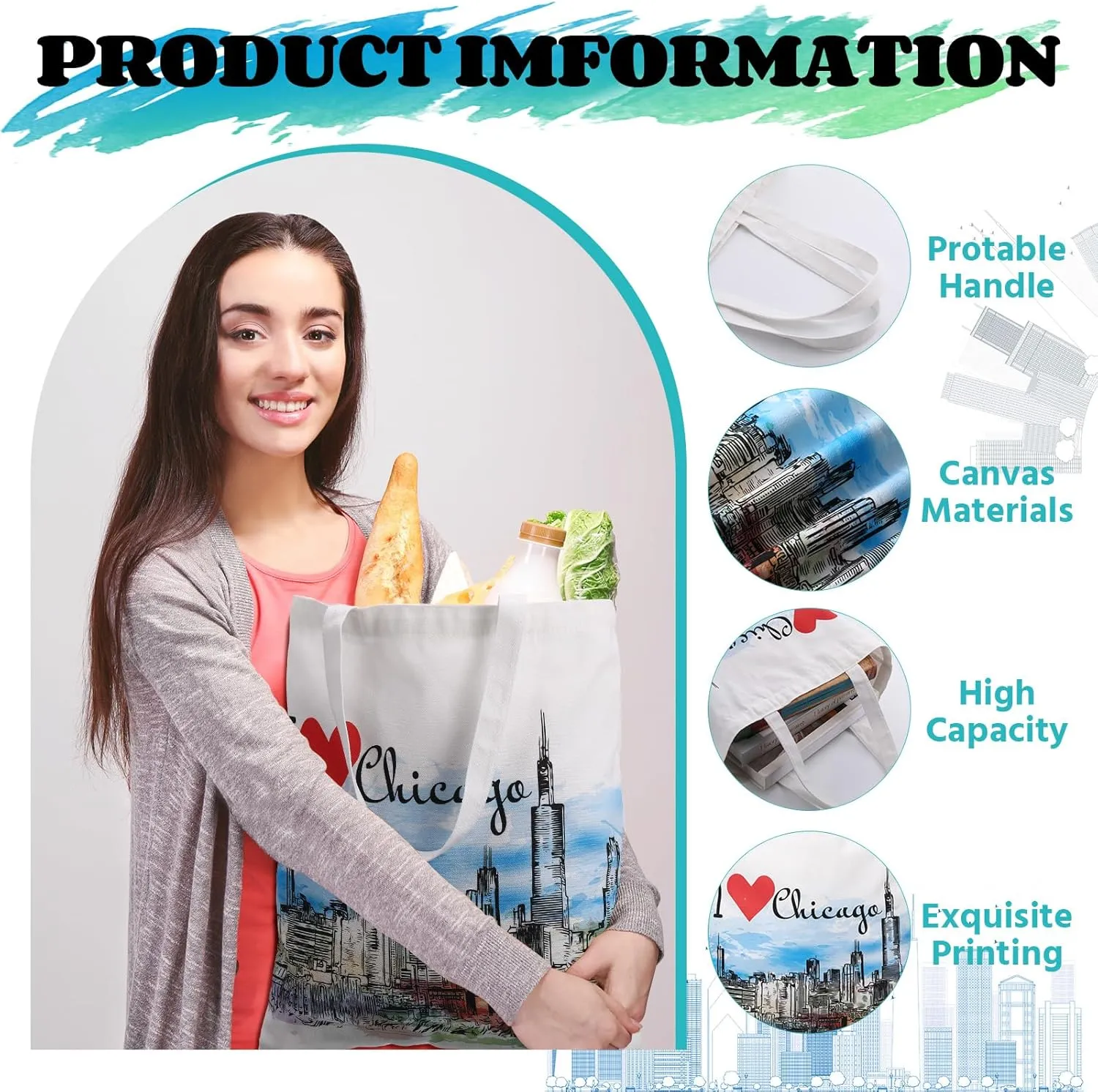9 Pcs Chicago Tote Canvas Bags Souvenir Gift Grocery Shopping Bag for Travel Gifts