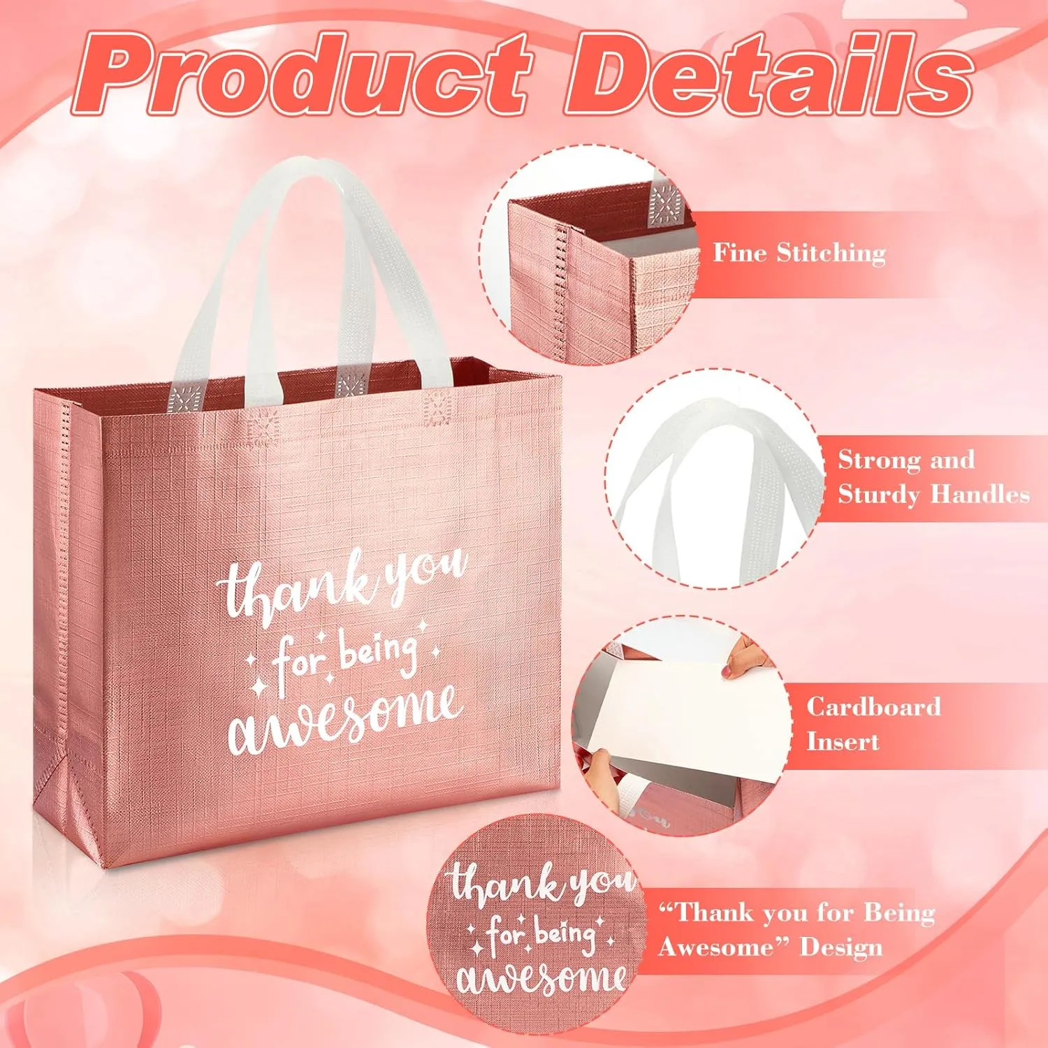 Abbylike 24 Pcs Thank You Gift Bags Bulk, Reusable Employee Appreciation Gift Bags with Handle for CNA Graduation Teacher Staff Volunteer Birthday Party Favors, 12.2 x 11 x 4.7 Inches(Rose Gold)