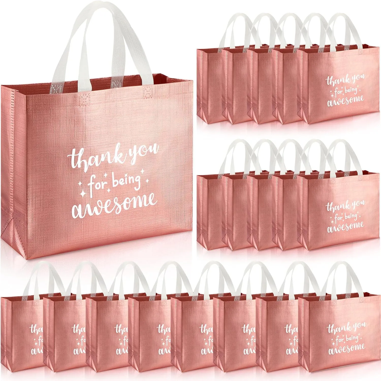 Abbylike 24 Pcs Thank You Gift Bags Bulk, Reusable Employee Appreciation Gift Bags with Handle for CNA Graduation Teacher Staff Volunteer Birthday Party Favors, 12.2 x 11 x 4.7 Inches(Rose Gold)