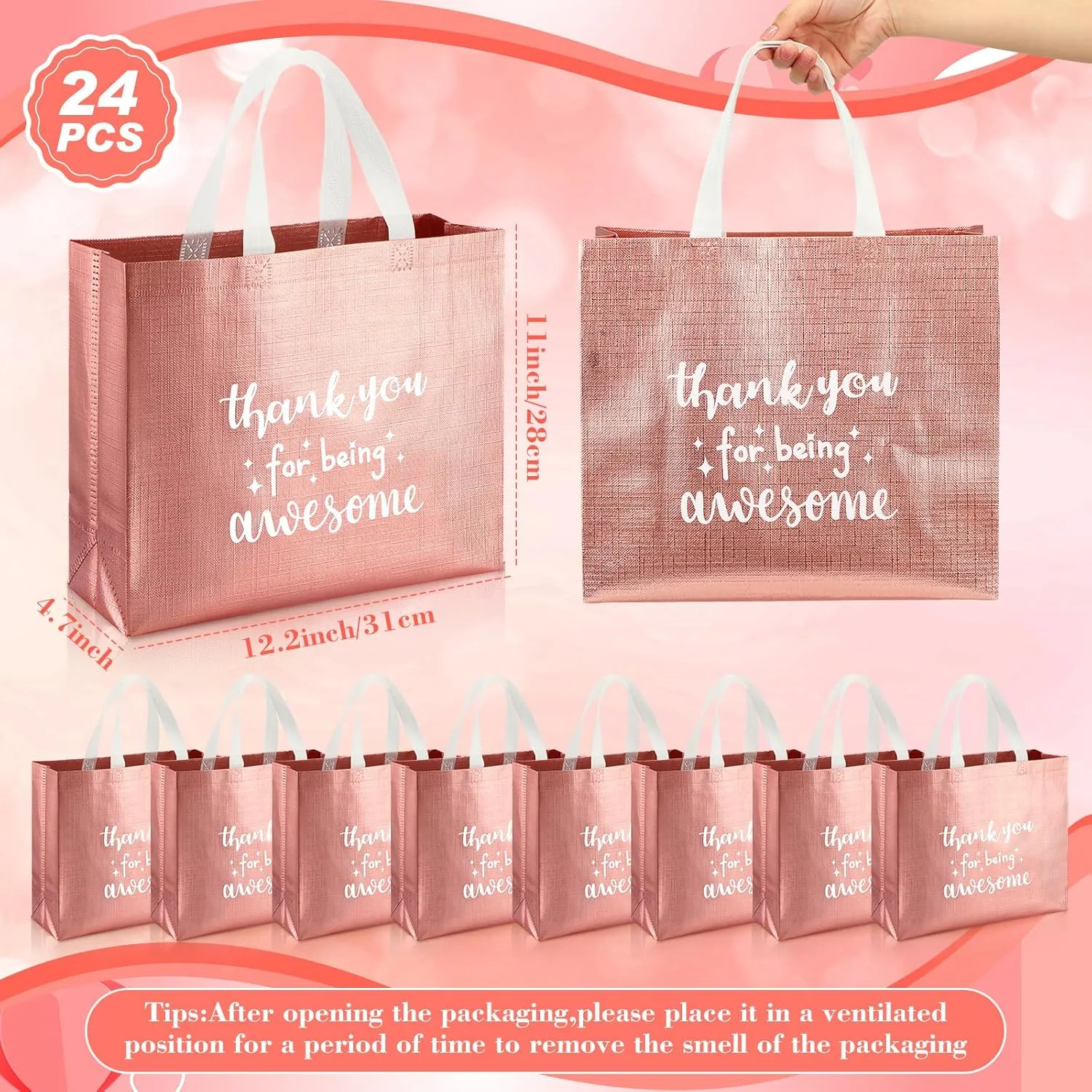 Abbylike 24 Pcs Thank You Gift Bags Bulk, Reusable Employee Appreciation Gift Bags with Handle for CNA Graduation Teacher Staff Volunteer Birthday Party Favors, 12.2 x 11 x 4.7 Inches(Rose Gold)