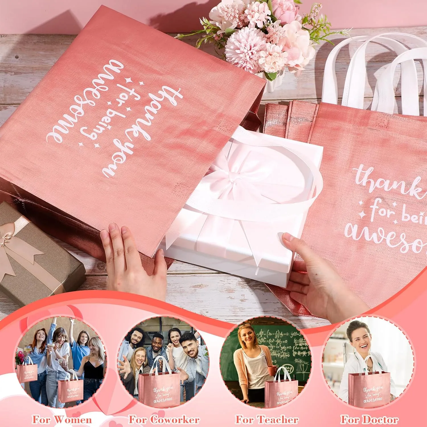 Abbylike 24 Pcs Thank You Gift Bags Bulk, Reusable Employee Appreciation Gift Bags with Handle for CNA Graduation Teacher Staff Volunteer Birthday Party Favors, 12.2 x 11 x 4.7 Inches(Rose Gold)