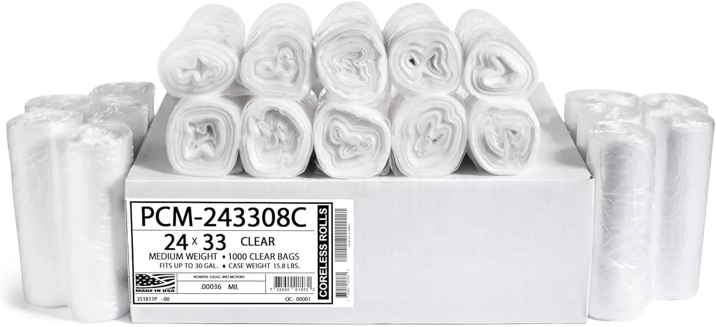 Aluf Plastics 12-16 Gallon Clear Trash Bags (1000 Count) - 24" x 33" - PCM Series Premium High Density 8 Micron Equivalent Garbage Bags for Bathroom, Office, Industrial, Commercial, Janitorial