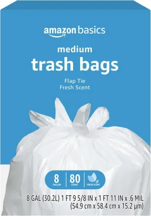 Amazon Basics 8 Gallon Flap Tie Trash Bags, 80 Count Fresh Scent