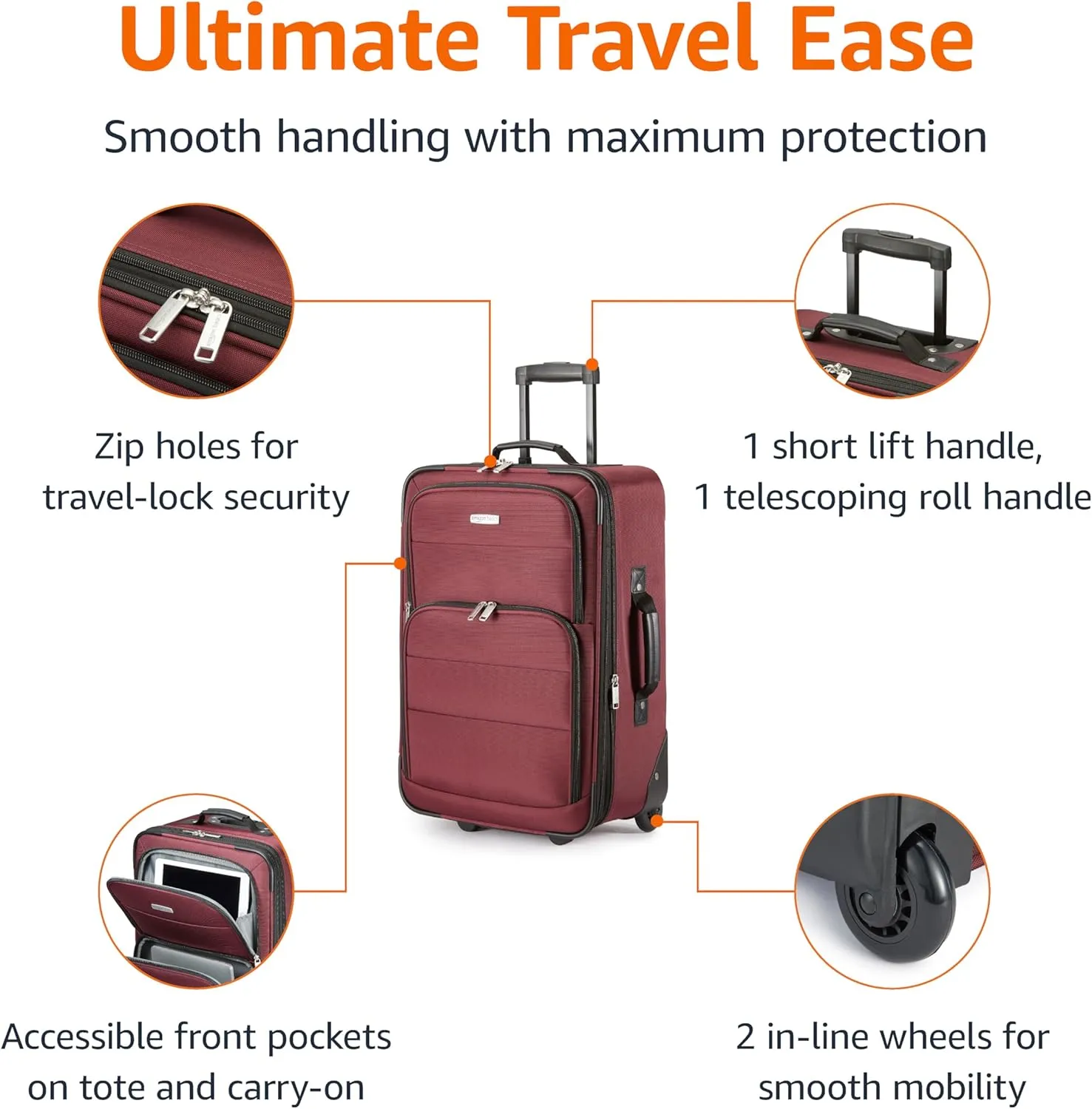 Amazon Basics Luggage Sets, Carry-On 23-Inch, tote 15-Inch, Suitcase With Wheels, Expandable Extra Space ( 15%), Front Pockets and Telescopic Handle, Burgundy