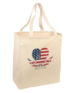 American Flag Decorative Floral Heart Vintage Large Grocery Tote Bag