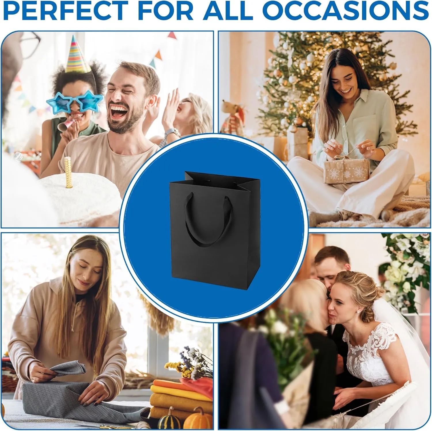Argivean Black Gift Bags With Handles: 6pcs Medium Gift Bags Bulk 8x5x10 Inch For Wedding Party Birthday Business
