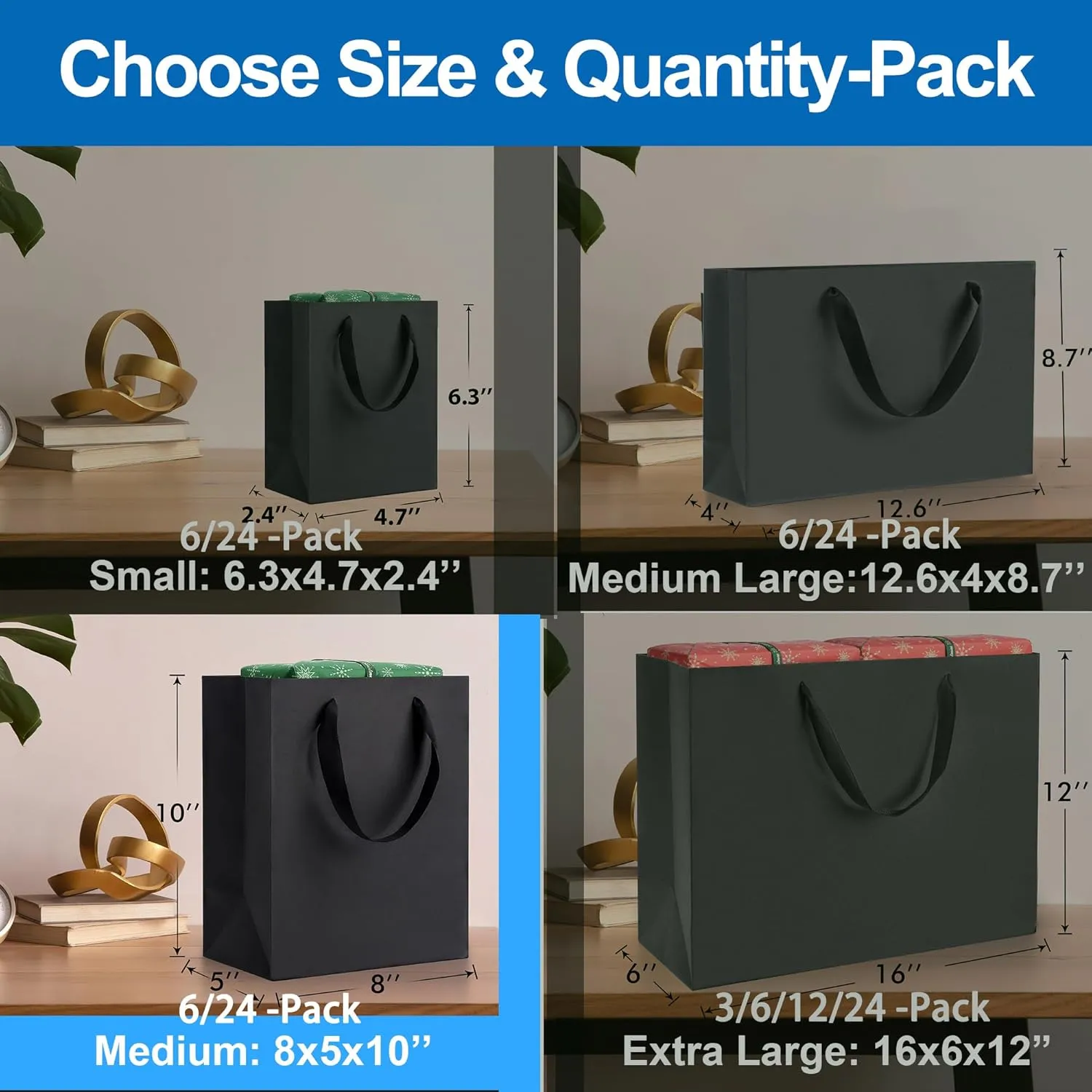 Argivean Black Gift Bags With Handles: 6pcs Medium Gift Bags Bulk 8x5x10 Inch For Wedding Party Birthday Business