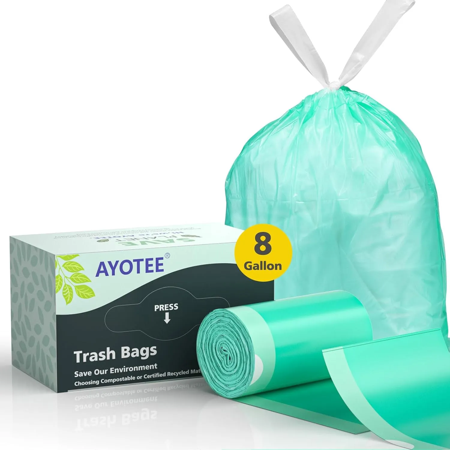 AYOTEE Compostable Trash Bags 8 Gallon Trash Bags Drawstring, 50 Count No-Tear Drawstring Waste Basket Liners 8 Gallon, 30L Unscented Biodegradable Liners for Kitchen Home Use