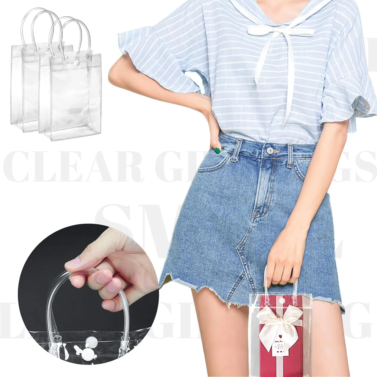 BadenBach 24 PCS Small Clear Gift Bags with Handle,5.1" x 7.5" x 2.8",Cute Transparent Plastic Gift Wrap Bags Reusable Clear Party Favor Goodie Bag for Boutique Wedding Birthday Party Father's Day