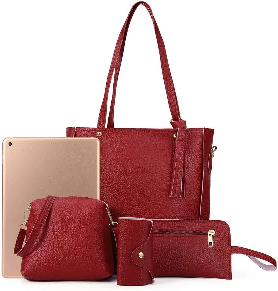 Beach Tote Bag 4 Packet Leather Solid Color Handbags Shoulder Bags Crossbody Hobo Bags Card Purse Work Travel Essential A