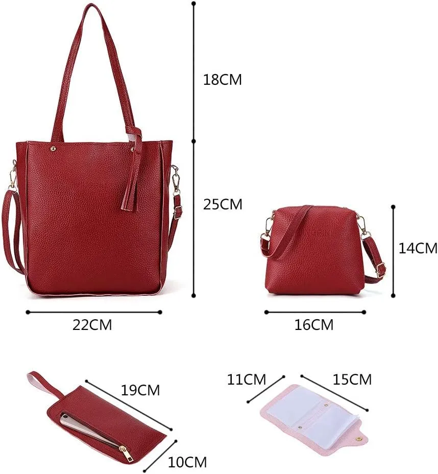 Beach Tote Bag 4 Packet Leather Solid Color Handbags Shoulder Bags Crossbody Hobo Bags Card Purse Work Travel Essential A