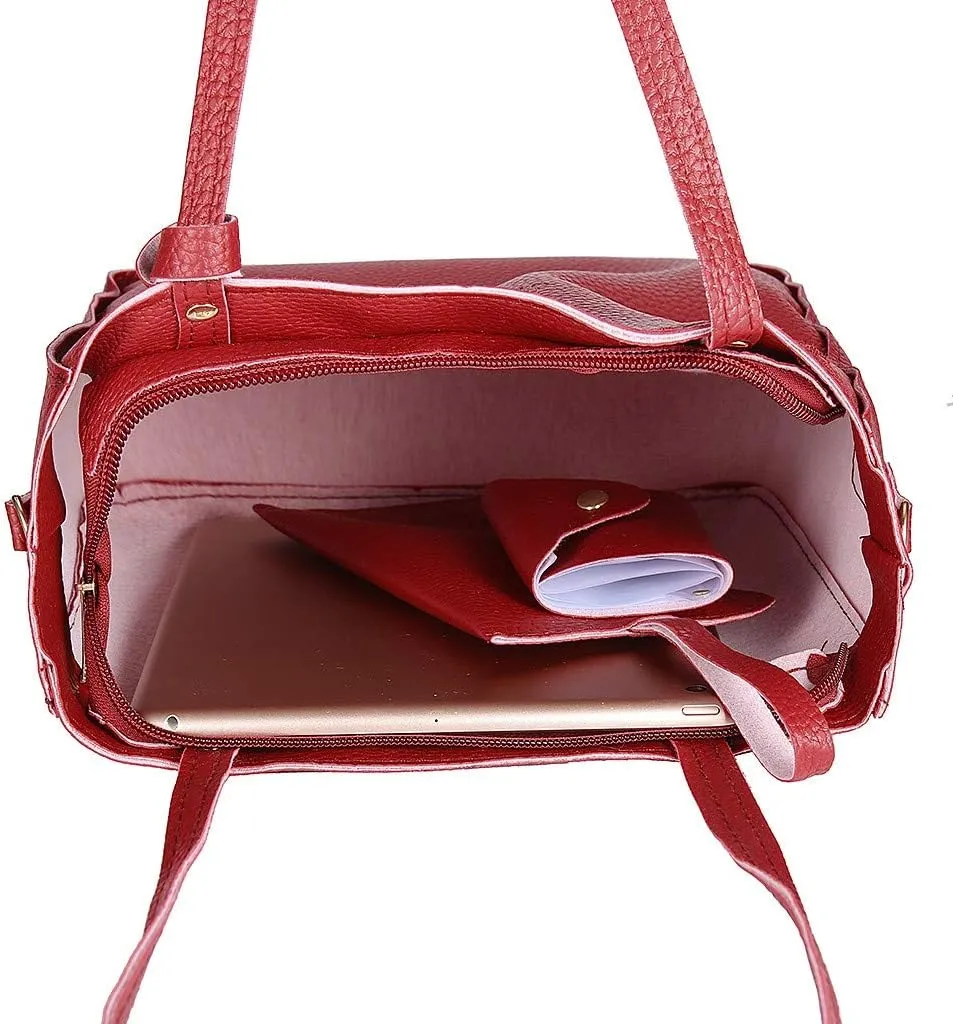 Beach Tote Bag 4 Packet Leather Solid Color Handbags Shoulder Bags Crossbody Hobo Bags Card Purse Work Travel Essential A