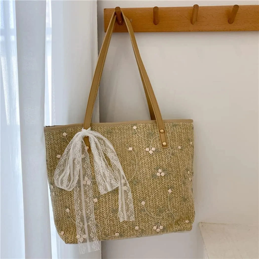 Beach Totes Soft Straw Bag for Women Hand Woven Bag for Summer Natural Chic Shoulder Bags