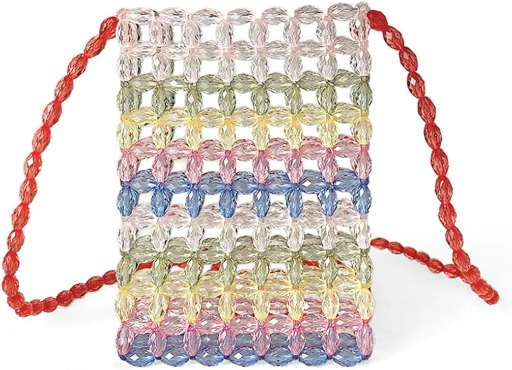 Beaded Purse Clear Acrylic Y2K Beaded Crossbody Cell Phone Bags for Women Fashionable Purse with Rope Strap Party Daily Bags