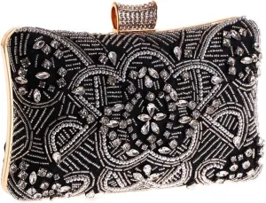 Beaded Purse for Women Evening Clutch with Rhinestone Embellishment Vintage Floral Design for Wedding Party Use