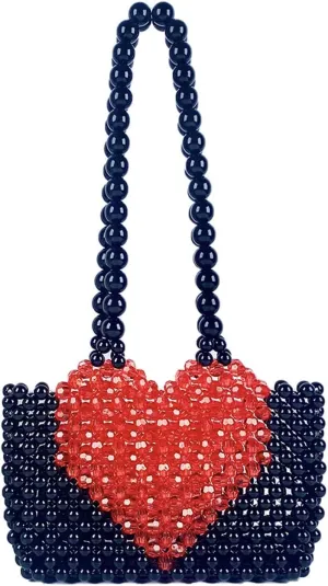 Beaded Purse Heart Beaded Handmade Handbag for Women Y2K Fashionable Party Sweet Shoulder Bag for Vacation Travel Daily Use