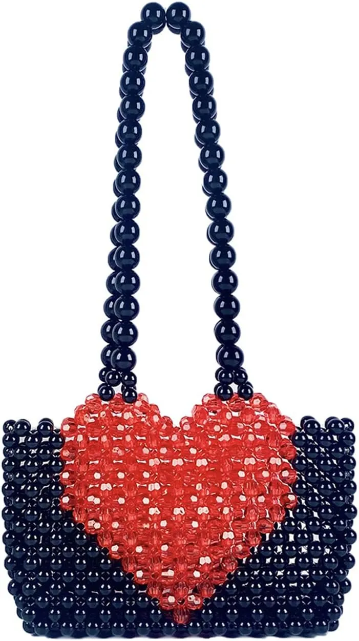 Beaded Purse Heart Beaded Handmade Handbag for Women Y2K Fashionable Party Sweet Shoulder Bag for Vacation Travel Daily Use