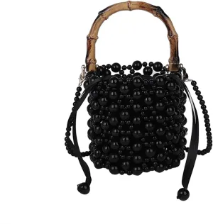 Beaded Purse Pearl Bamboo Beaded Handbag for Women Drawstring Dressy Wedding Guest Bag Party Bridal Accessory