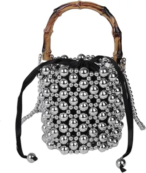 Beaded Purse Pearl Bamboo Beaded Handbag for Women Drawstring Dressy Wedding Guest Bag Party Bridal Accessory