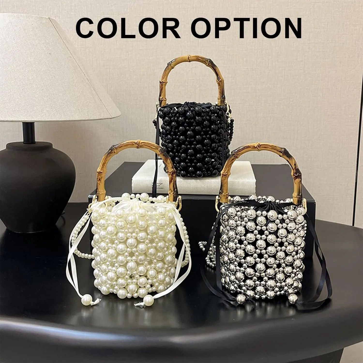 Beaded Purse Pearl Bamboo Beaded Handbag for Women Drawstring Dressy Wedding Guest Bag Party Bridal Accessory