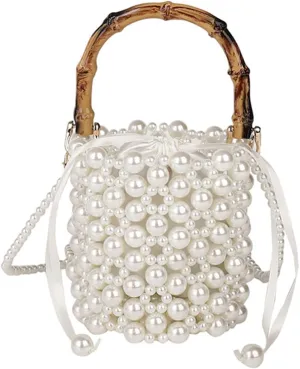 Beaded Purse Pearl Bamboo Beaded Handbag for Women Drawstring Dressy Wedding Guest Bag Party Bridal Accessory