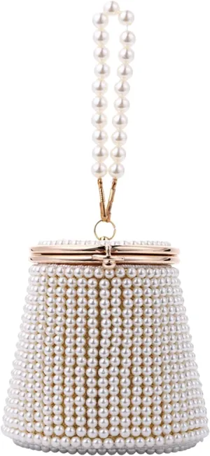 Beaded Purse Pearl Beaded Bucket Handbag for Women Evening Dressy Fashionable Wedding Guest Bag Party Bridal Accessory Gift