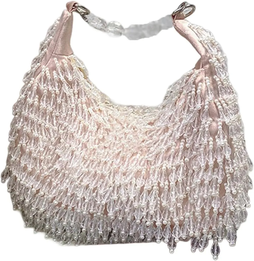 Beaded Purse Pearl Beaded Handbag for Women Evening Bags Fringe Dressy Wedding Guest Clutch Party Bridal Accessory