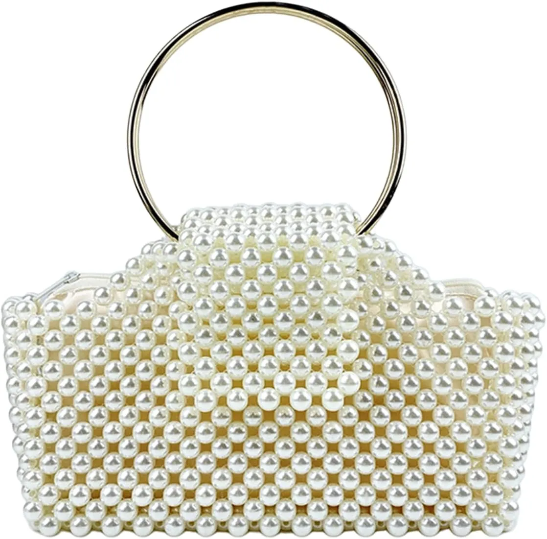 Beaded Purse Pearl Circle Handle Evening Beaded Handbag for Women Dressy Wedding Bachelorette Party Guest Bridal Accessory