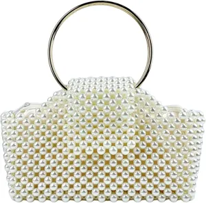 Beaded Purse Pearl Circle Handle Evening Beaded Handbag for Women Dressy Wedding Bachelorette Party Guest Bridal Accessory