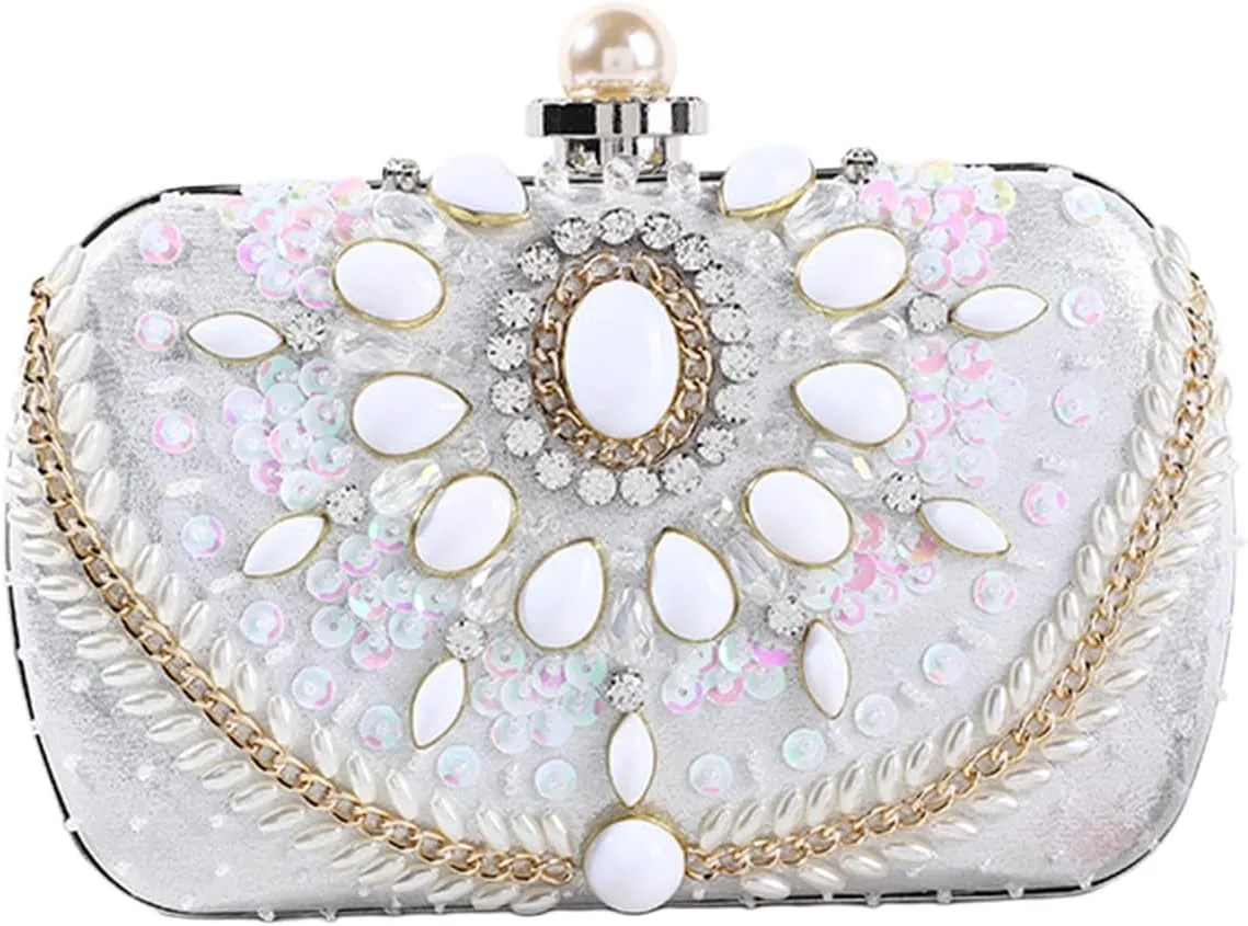Beaded Purse Pearl Diamond Beaded Handbag for Women Satin Dressy Evening Wedding Guest Bag Party Bridal Accessory