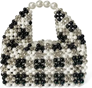 Beaded Purse Pearl Gingham Beaded Handbag Pillow Bags for Women Evening Dressy Party Sweet Purse for Wedding Guest