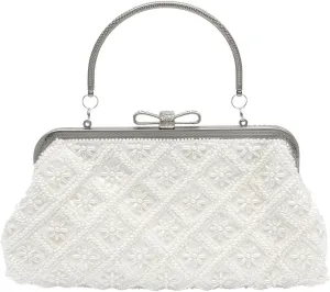 Beaded Purse Pearl Quilted Beaded Handbag for Women Flower with Bow Dressy Wedding Guest Bag Party Bridal Accessory Handbags
