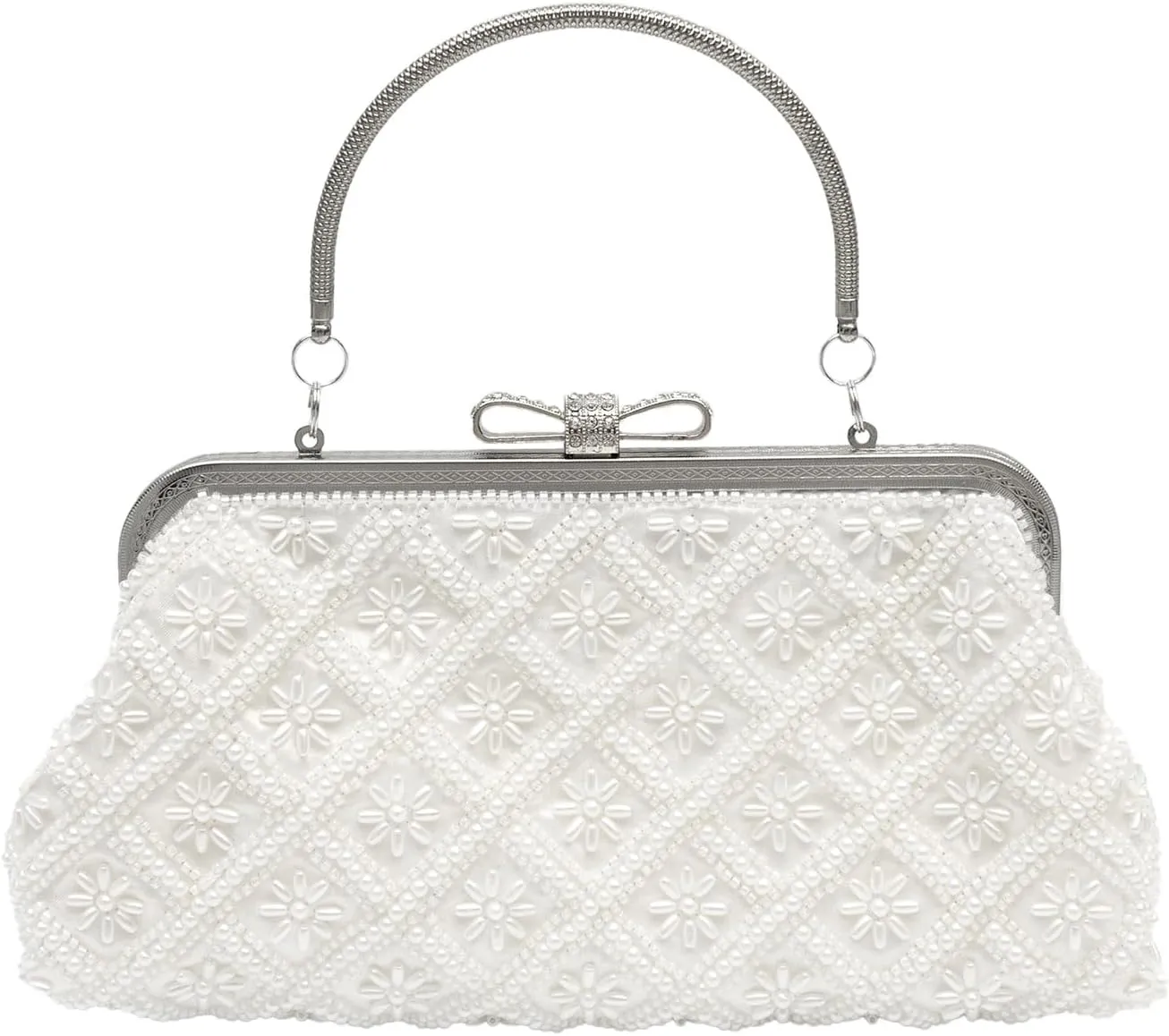 Beaded Purse Pearl Quilted Beaded Handbag for Women Flower with Bow Dressy Wedding Guest Bag Party Bridal Accessory Handbags