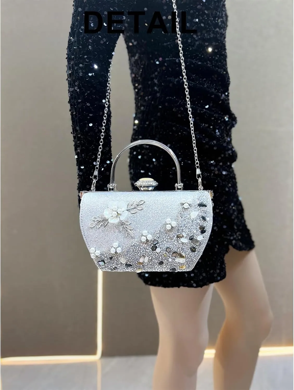 Beaded Purse Pearl Rhinestone Flower Evening Beaded Handbag for Women Dressy Wedding Guest Bags Party Bridal Accessory