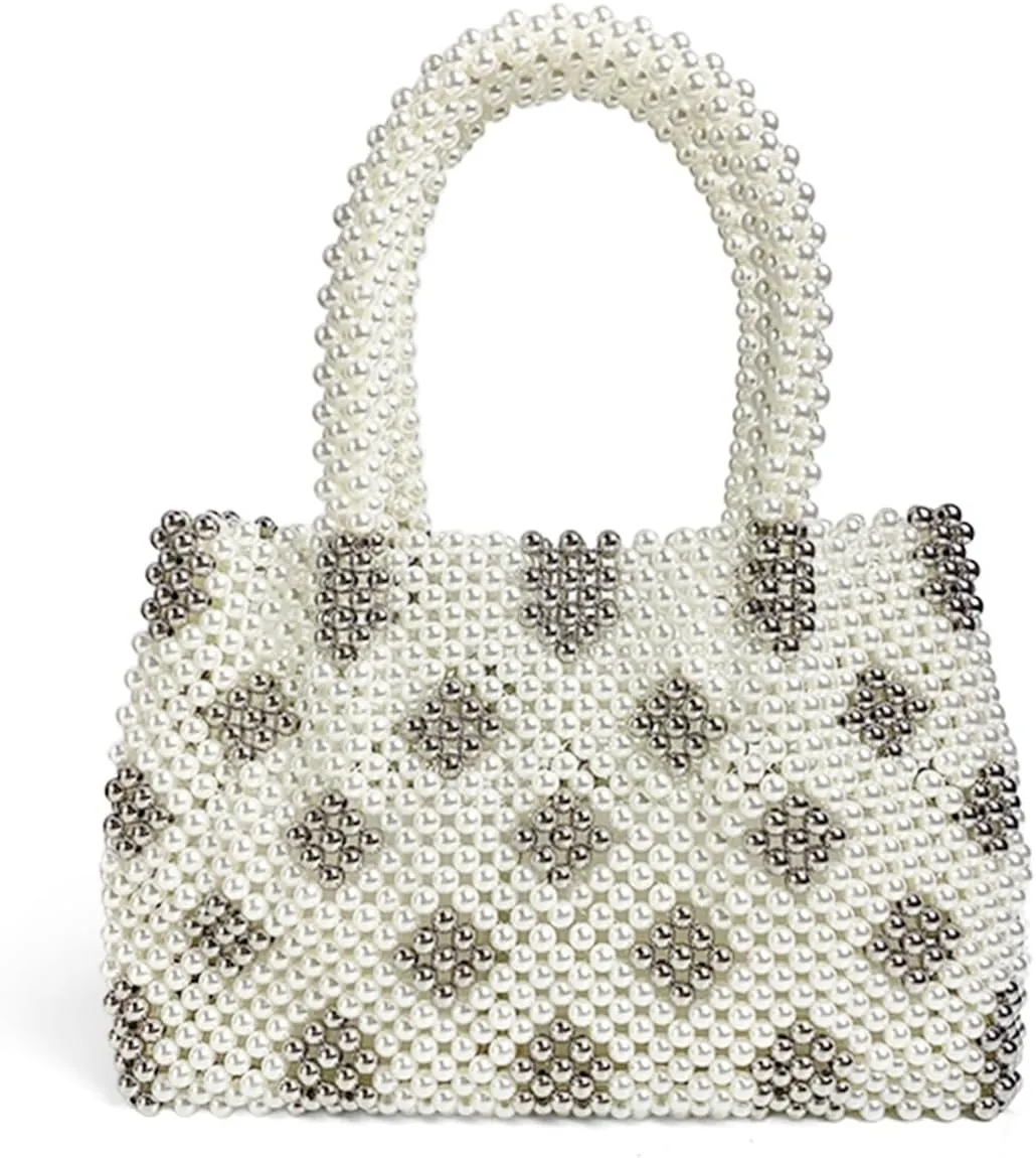 Beaded Purse Quilted Print Pearl Beaded Handbag for Women Dressy Wedding Bachelorette Party Guest Bag Bridal Accessory