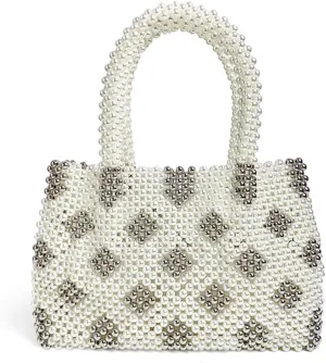 Beaded Purse Quilted Print Pearl Beaded Handbag for Women Dressy Wedding Bachelorette Party Guest Bag Bridal Accessory