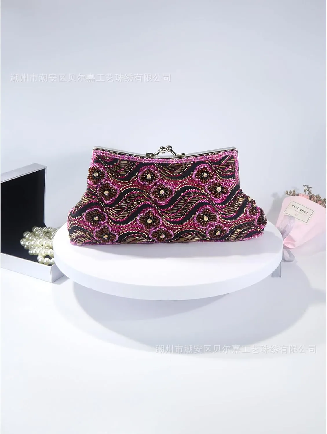 Beaded Purse Wavy and Flower Print Evening Beaded Handbag for Women Dressy Wedding Guest Bag Party Bridal Accessory