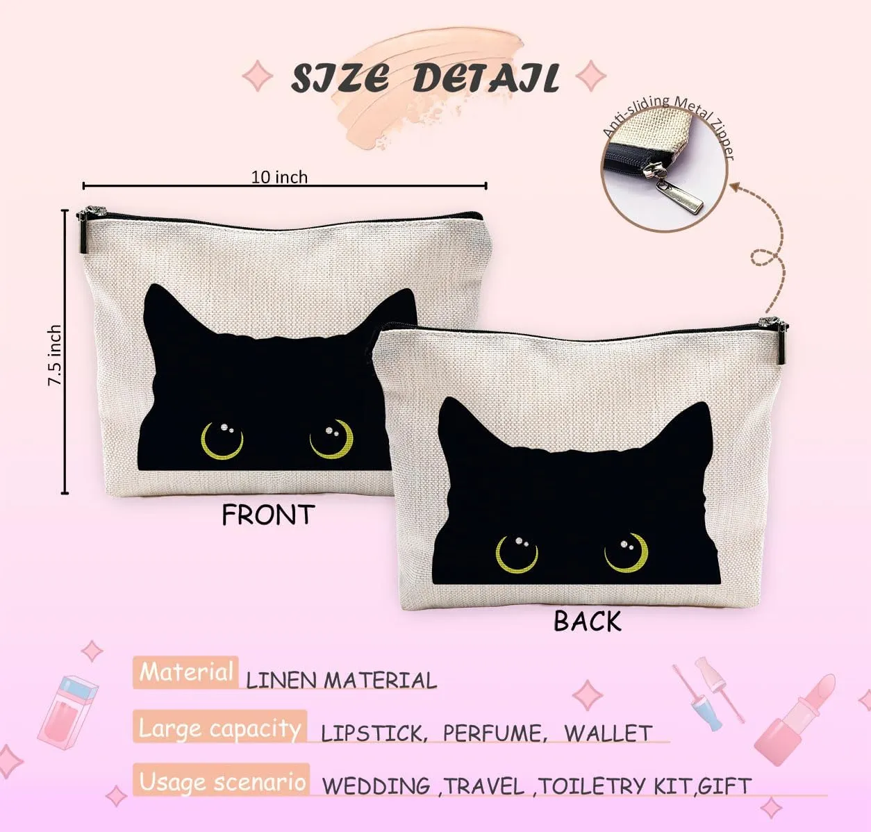 Black Cat Makeup Bag - Kitty Cosmetic Bags for Women, Cat Lovers Gifts, Cat Mom Gifts, Small Makeup Bag for Purse
