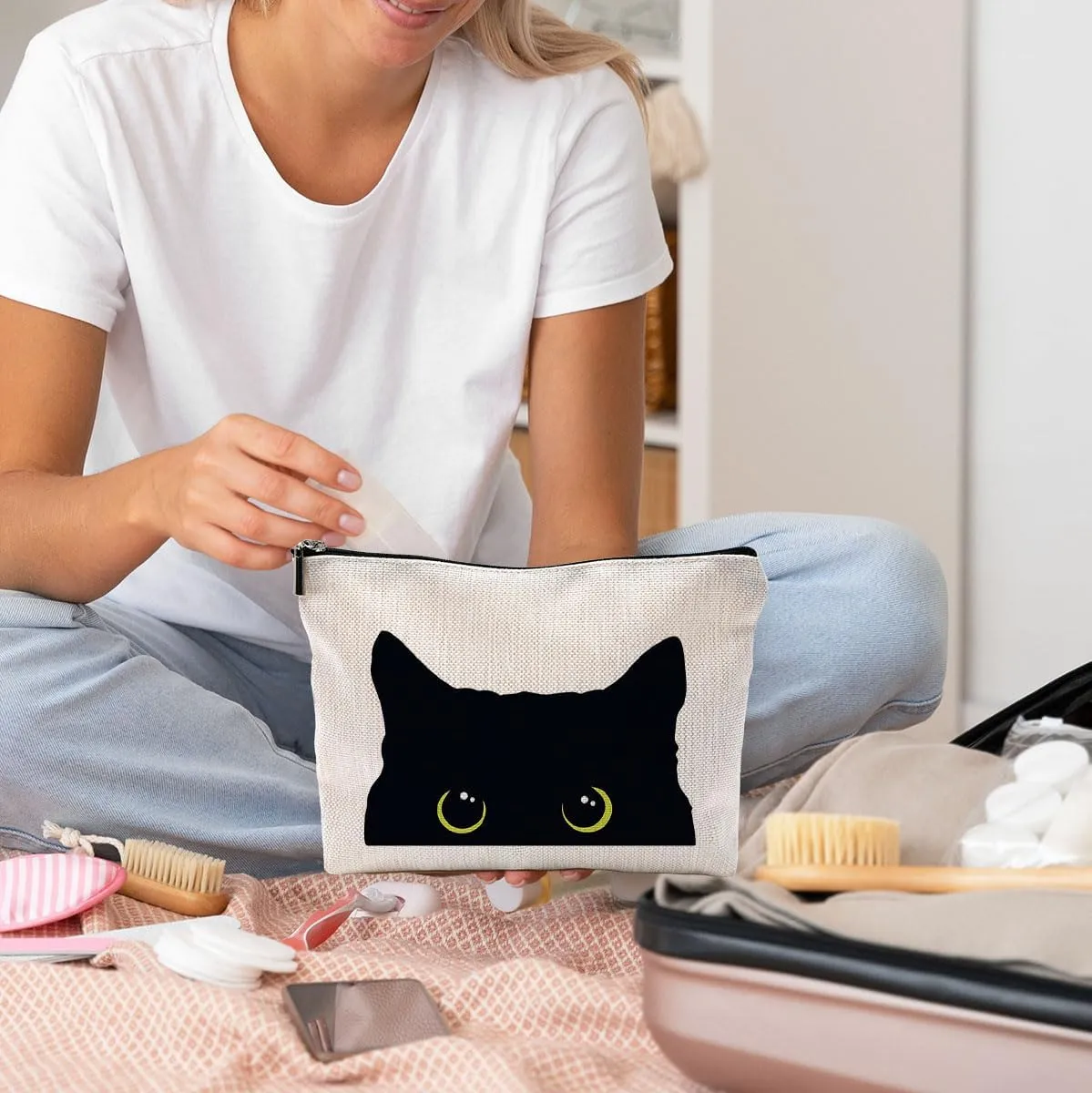 Black Cat Makeup Bag - Kitty Cosmetic Bags for Women, Cat Lovers Gifts, Cat Mom Gifts, Small Makeup Bag for Purse