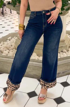Bold Leopard Accent Hem Wide Leg Jeans