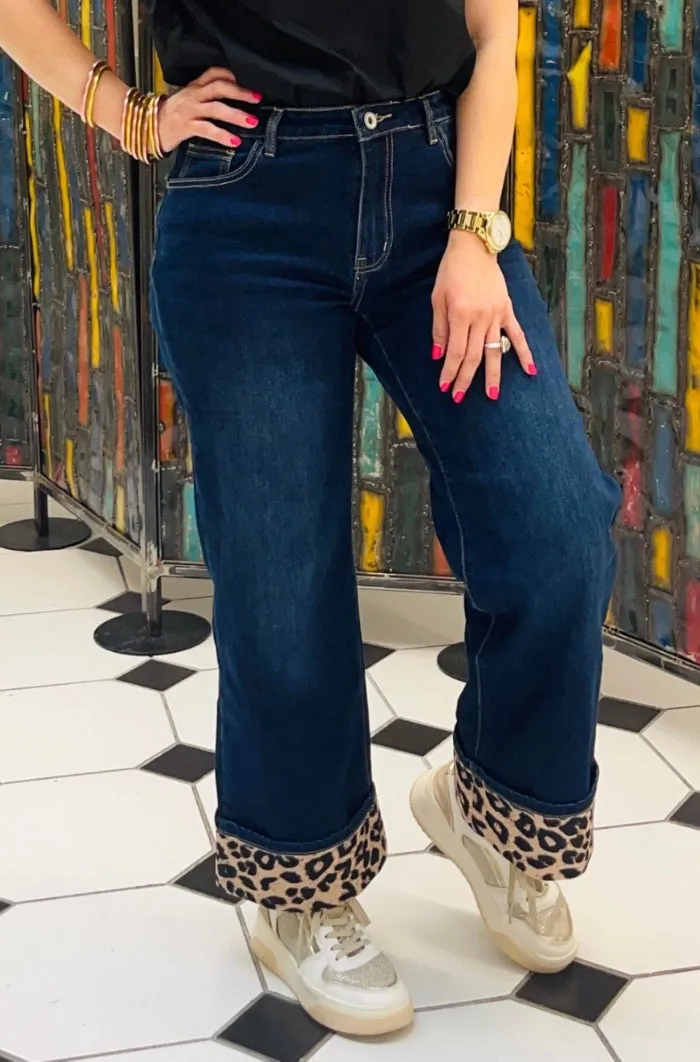 Bold Leopard Accent Hem Wide Leg Jeans