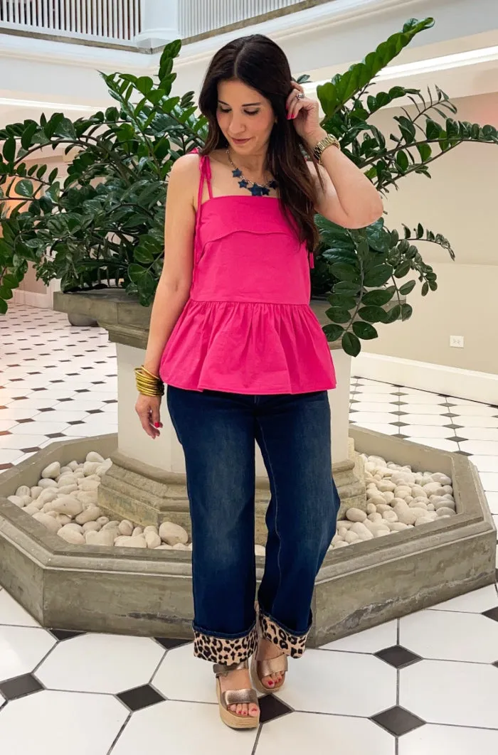 Bold Leopard Accent Hem Wide Leg Jeans
