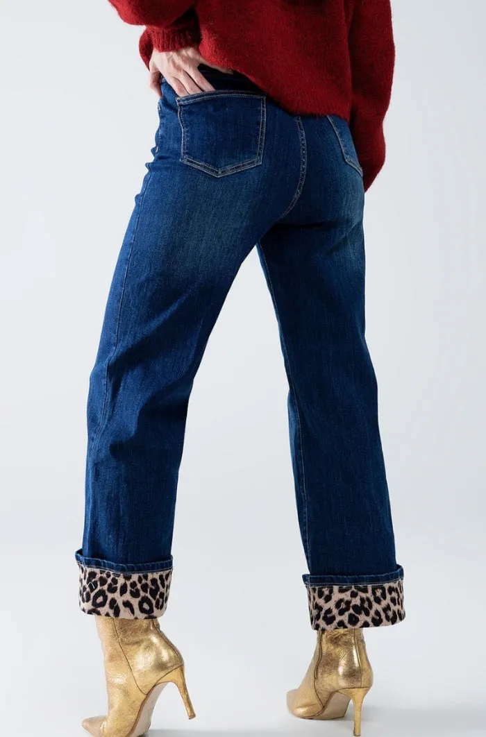 Bold Leopard Accent Hem Wide Leg Jeans