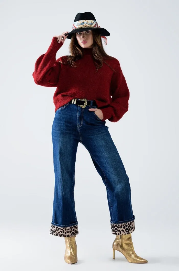 Bold Leopard Accent Hem Wide Leg Jeans