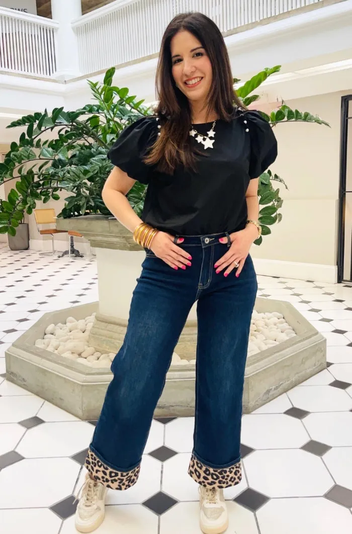Bold Leopard Accent Hem Wide Leg Jeans