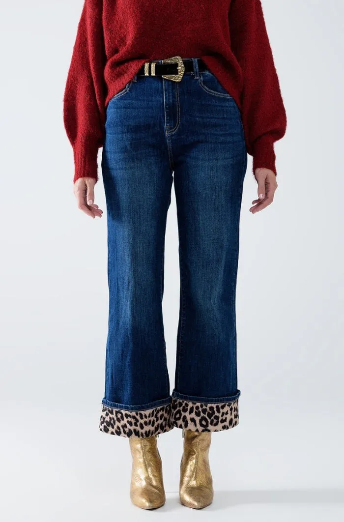 Bold Leopard Accent Hem Wide Leg Jeans