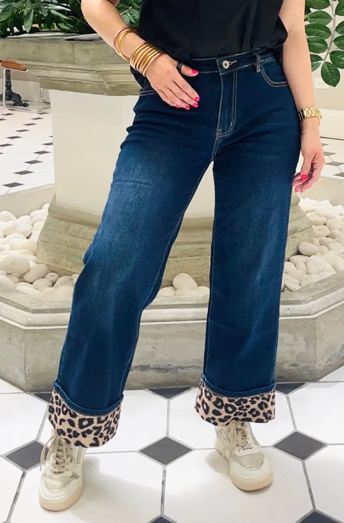Bold Leopard Accent Hem Wide Leg Jeans