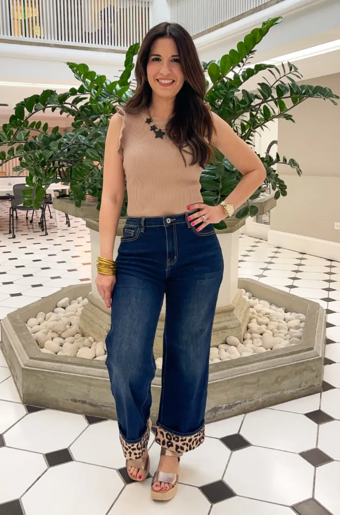 Bold Leopard Accent Hem Wide Leg Jeans