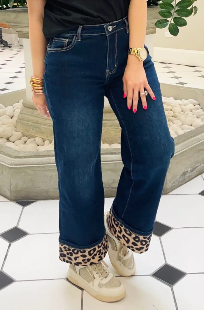 Bold Leopard Accent Hem Wide Leg Jeans